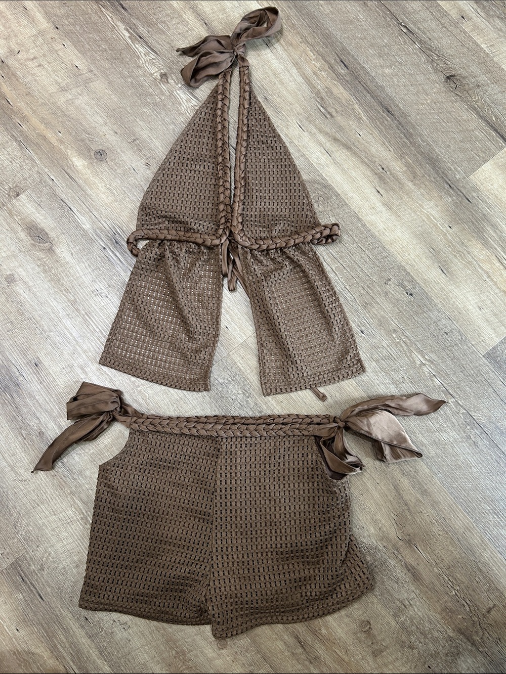 Brown Crochet Two-Piece Halter Top & Shorts Set - Picture 1 of 11